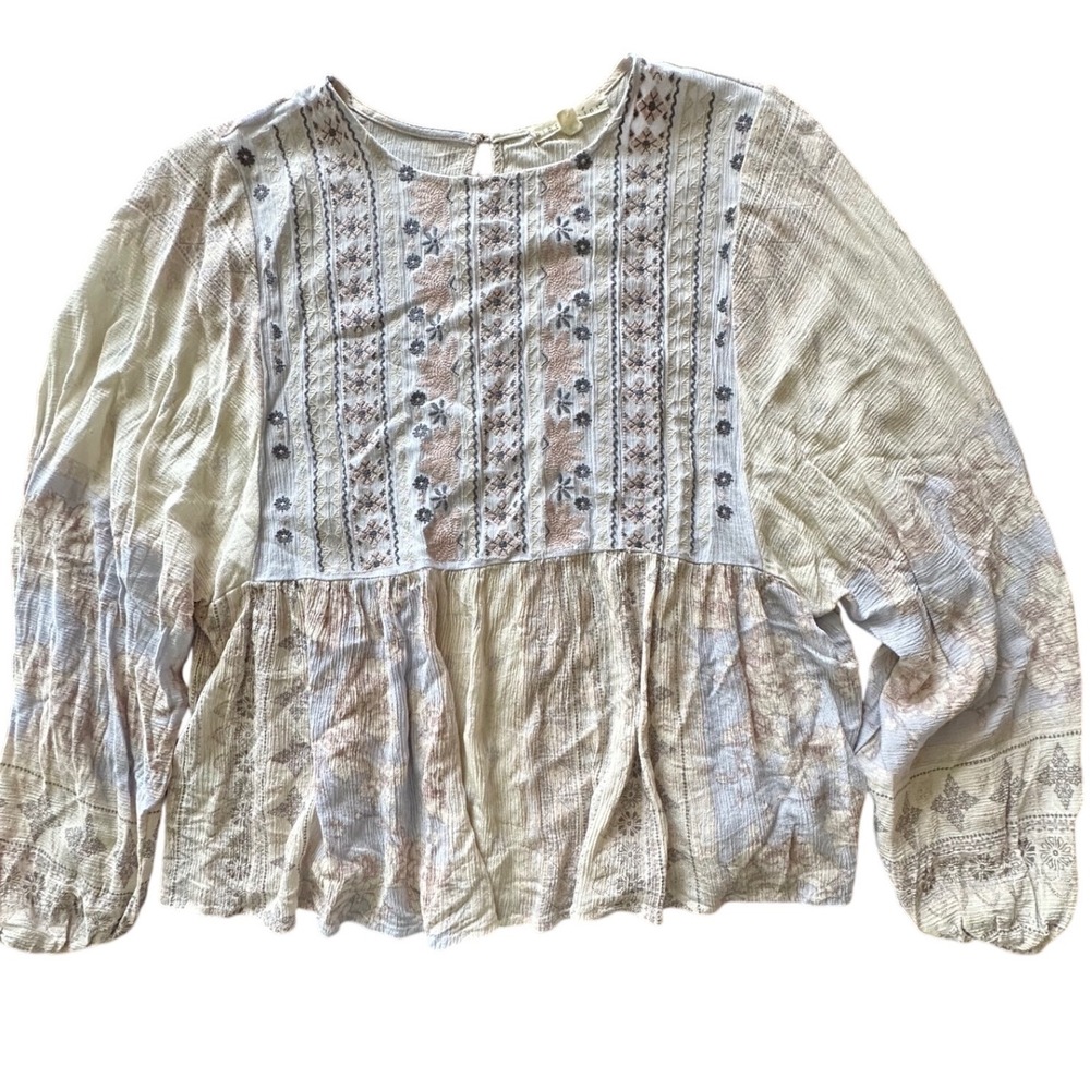 Hint of Mint Boho Embroidered Floral Peasant Top Cream Small Blouse Fal